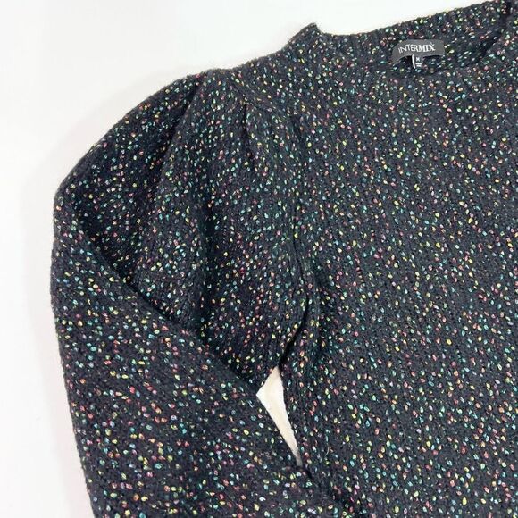 Intermix Wool Blend Sweater Womens Medium Tight Speckled Knit Puff Sleeve - Picture 2 of 9